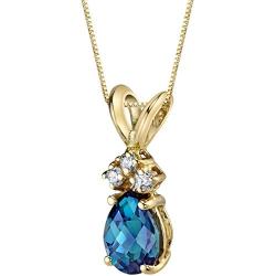 Peora Created Alexandrite Pendant in 14K Yellow Gold with Genuine Diamonds, Elegant Pear Shape Solitaire, 1 Carat