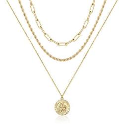 Layered Gold Coin Necklaces for Women, 14K Gold Plated Coin Pendant Vintage Medallion Necklace Heart Crescent Rope Chain Herringbone Snake Cuban Paperclip Chain Coin Necklaces for Women Jewelry