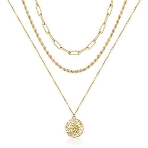 Layered Gold Coin Necklaces for Women, 14K Gold Plated Coin Pendant Vintage Medallion Necklace Heart Crescent Rope Chain Herringbone Snake Cuban Paperclip Chain Coin Necklaces for Women Jewelry