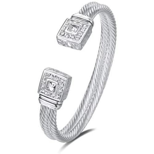 UNY Designer Inspired Jewelry Double Cable Wire Square CZ Antique Bangle Elegant Beautiful