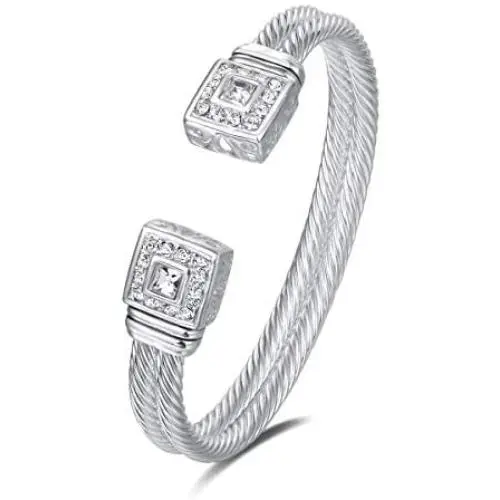 UNY Designer Inspired Jewelry Double Cable Wire Square CZ Antique Bangle Elegant Beautiful UNY Designer Inspired Jewelry Double Cable Wire Square CZ Antique Bangle Elegant Beautiful