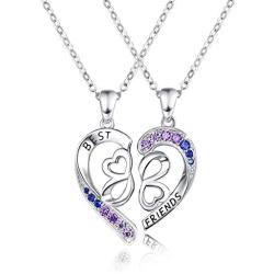 Best Friend Necklace for 2 Set, 925 Sterling Silver BFF Half Heart Pendant, Best Friend Engraving with Blue Purple Graduated Rhinestone, Sister Necklace Set Jewelry Birthday Valentine Gift for Women Daughter BFF Sisters