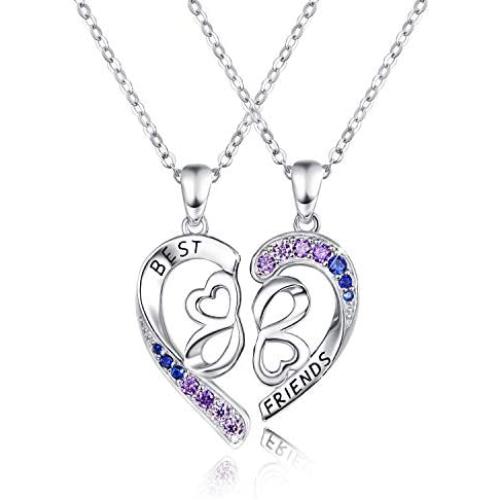 Best Friend Necklace for 2 Set, 925 Sterling Silver BFF Half Heart Pendant, Best Friend Engraving with Blue Purple Graduated Rhinestone, Sister Necklace Set Jewelry Birthday Valentine Gift for Women Daughter BFF Sisters