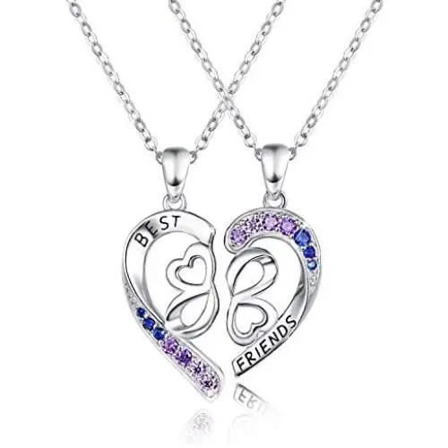 Best Friend Necklace for 2 Set, 925 Sterling Silver BFF Half Heart Pendant, Best Friend Engraving with Blue Purple Graduated Rhinestone, Sister Necklace Set Jewelry Birthday Valentine Gift for Women Daughter BFF Sisters