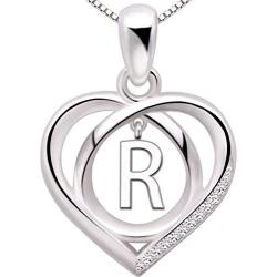 ALOV Jewelry Sterling Silver Initial Letter Alphabet Love Heart Cubic Zirconia Pendant Necklace