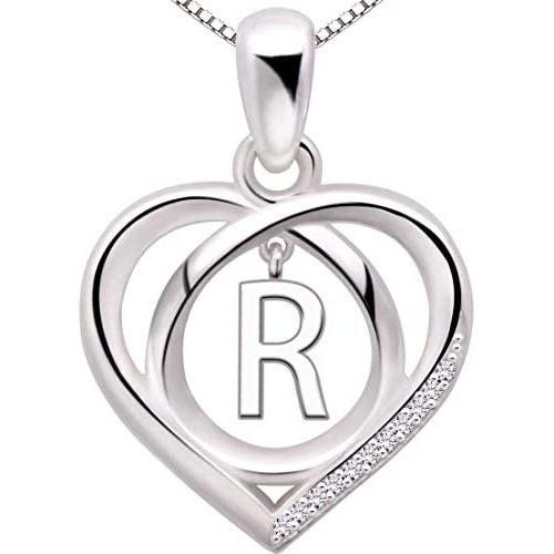 ALOV Jewelry Sterling Silver Initial Letter Alphabet Love Heart Cubic Zirconia Pendant Necklace