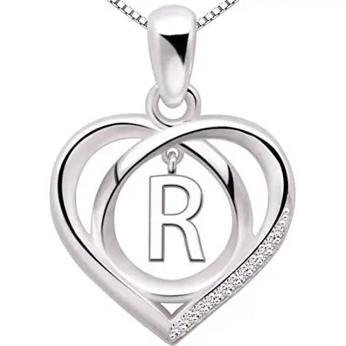 ALOV Jewelry Sterling Silver Initial Letter Alphabet Love Heart Cubic Zirconia Pendant Necklace ALOV Jewelry Sterling Silver Initial Letter Alphabet Love Heart Cubic Zirconia Pendant Necklace