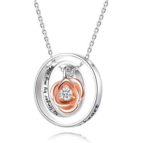 925 Sterling Silver Rose Flower Urn Necklace for Ashes - Engraved No Longer by My Side Forever in My Heart Double Rings Cremation Jewelry Keepsake Memorial Gift