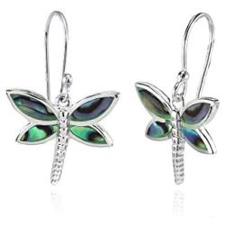 Sterling Silver Abalone or Simulated Turquoise Polished Dragonfly Dangle Earrings