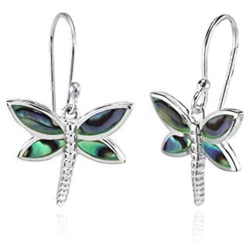 Sterling Silver Abalone or Simulated Turquoise Polished Dragonfly Dangle Earrings