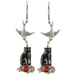 NoMonet Hand Painted Artisan Earrings - Go Away Cat - Black Cat, Silver Bird and Coral