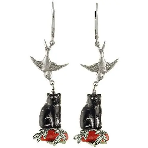 NoMonet Hand Painted Artisan Earrings - Go Away Cat - Black Cat, Silver Bird and Coral