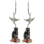 NoMonet Hand Painted Artisan Earrings - Go Away Cat - Black Cat, Silver Bird and Coral
