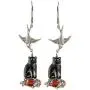 NoMonet Hand Painted Artisan Earrings - Go Away Cat - Black Cat, Silver Bird and Coral