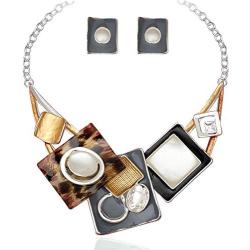 CSY Fashion Oval Crystal Opals Chunky Statement Bib Necklace Earrings Silver Plated Bohemian Costume Jewelry Set Gifts for Women