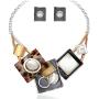 CSY Fashion Oval Crystal Opals Chunky Statement Bib Necklace Earrings Silver Plated Bohemian Costume Jewelry Set Gifts for Women