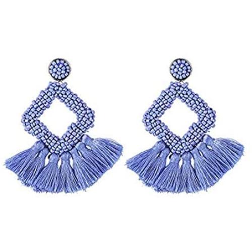 Statement Drop Earrings for Women Girl Handmade Bohemian Beaded Hoop Prismatic Tassel Thread Fringe Dangle Fashion Jewellery Present for Mom and Sister (Blue)