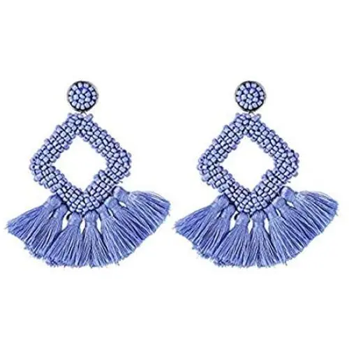 Statement Drop Earrings for Women Girl Handmade Bohemian Beaded Hoop Prismatic Tassel Thread Fringe Dangle Fashion Jewellery Present for Mom and Sister (Blue) Statement Drop Earrings for Women Girl Handmade Bohemian Beaded Hoop Prismatic Tassel Thread Fringe Dangle Fashion Jewellery Present for Mom and Sister (Blue)