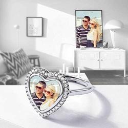 Custom Photo Ring Memorial Picture Printed Personalized Jewelry 925 Sterling Silver Open Style Cubic Zirconia Heart Engagement Rings, Adjustable