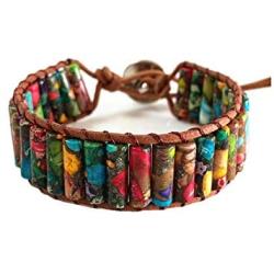 LAVI Handmade Leather Chakra Imperial Jasper Beads Cuff Wrap Alloy Bracelet for Women Men Bohemian Style