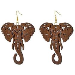 KaFu Lightweight Large Natural Wooden Dangle Earrings Ethnic Style African Elephant Drop Earrings for Women girls Bohemia Style Jewelry Earrings