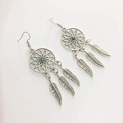 KaFu Woman Retro Silver BOHO Style Metal Dangle Drop Earrings Dream Catcher Statement Feather Dangle Tassels Turquoise Earrings for Women Girls