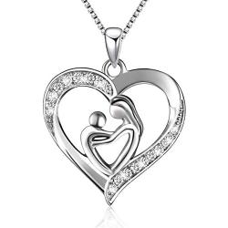 BLOVIN 925 Sterling Silver Mother and Child Love Heart Pendant Necklace Jewelry Gifts for Grandmother Mom Daughter Wife