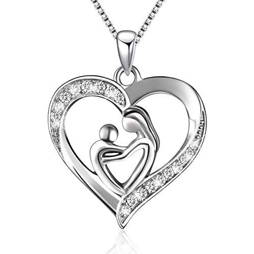BLOVIN 925 Sterling Silver Mother and Child Love Heart Pendant Necklace Jewelry Gifts for Grandmother Mom Daughter Wife