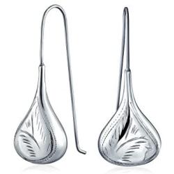 Carved Etched Puffed Teardrop Pear Shaped Rain Drop Earrings For Women Fishhook 925 Sterling Silver 1.25 1.5 1.75 Inch