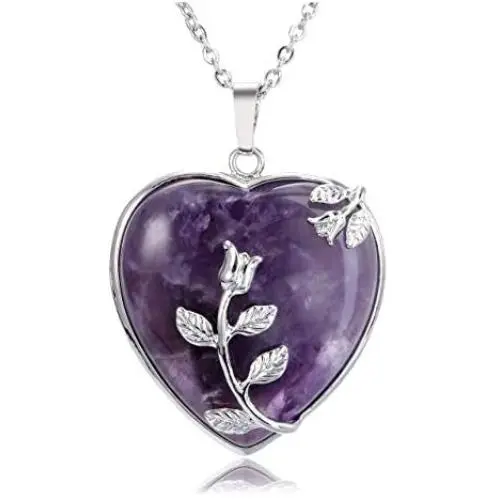 CrystalTears Natural Amethyst Crystal Necklace Flower Wire Wrapped Heart Stone Pendant Reiki Healing Crystal Gemstone Necklace Jewelry for Women Girls CrystalTears Natural Amethyst Crystal Necklace Flower Wire Wrapped Heart Stone Pendant Reiki Healing Crystal Gemstone Necklace Jewelry for Women Girls