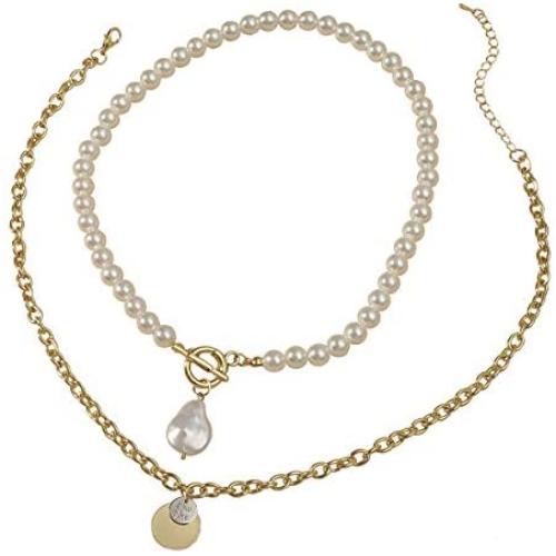 Sinkcangwu Punk Multi Layer Imitation Pearl Choker Necklace Collar Retro Round Pendant Long Chain Necklace Women Jewelry