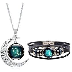 Dcfywl731 Fashion 12 Twelve Constellations Hand Woven Leather Bracelet and Moon Pendant Necklace Zodiac Sign Jewelry Set