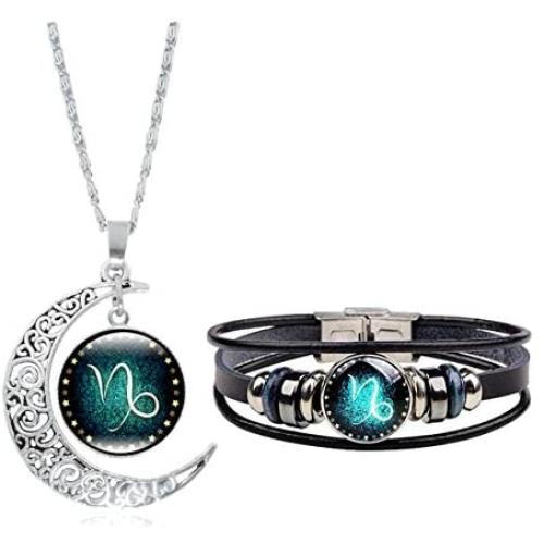 Dcfywl731 Fashion 12 Twelve Constellations Hand Woven Leather Bracelet and Moon Pendant Necklace Zodiac Sign Jewelry Set