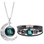 Dcfywl731 Fashion 12 Twelve Constellations Hand Woven Leather Bracelet and Moon Pendant Necklace Zodiac Sign Jewelry Set