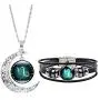 Dcfywl731 Fashion 12 Twelve Constellations Hand Woven Leather Bracelet and Moon Pendant Necklace Zodiac Sign Jewelry Set