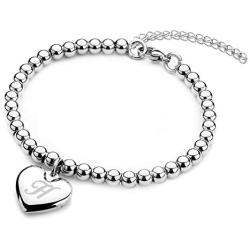 Jewelry Kingdom 1 Initial Bracelet for Women Girls A-Z Letters Alphabet Heart Charm Bead Ball Chain Stainless Steel 6mm 7'' Valentines Gifts