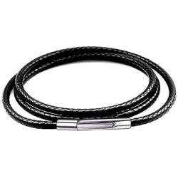 Mixiueuro 2mm Leather Chain Necklace Black Waterproof Braided Wax Rope Chain With Upgrade Ultra Thin Light New Models Titanium steel Clasp, for Men Women children