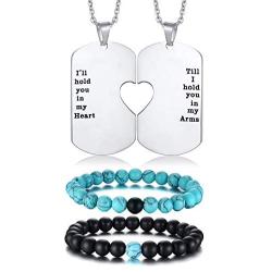 XUANPAI Stainless Steel Matching Puzzle Dog Tag Necklace&His and Hers Yin Yang Distance Beads Bracelet