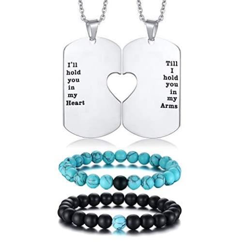 XUANPAI Stainless Steel Matching Puzzle Dog Tag Necklace&His and Hers Yin Yang Distance Beads Bracelet