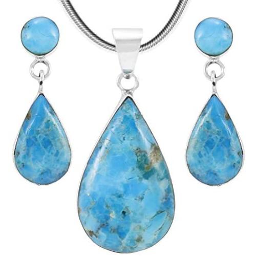 Matching Set Turquoise & Gemstone 925 Sterling Silver (Pendant, Earrings, Necklace 20'') (Turquoise)