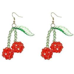 Beaded Acrylic Red Cherry Drop Dangle Earrings for Women Girls Big Handmade Light Cherry Fruits Earring Jewelry