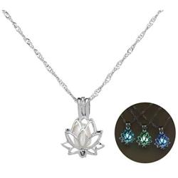 3 Colors Glow in The Dark Necklace Steampunk Hollow Pendant with Chain for Women (Lotus)