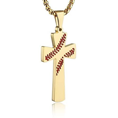 HZMAN Baseball Cross Pendant, I CAN DO ALL THINGS STRENGTH Bible Verse Stainless Steel Necklace 22+2'' Chain