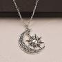 Caiyao Vintage Silver Crescent Moon and Sun Pendant Necklace Retro Swirl Filigree Jewelry for Men Women Teens