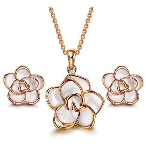 AllenCOCO Jewelry Set Rose Gold Plated Women Flower Earrings and Necklace Set for Women Girls Hypoallergenic Jewelry
