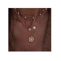 Kercisbeauty Moon and Star 4 Layered Necklace Gold Pendant for Wome and Girls Charm Jewelry Set Gift Her