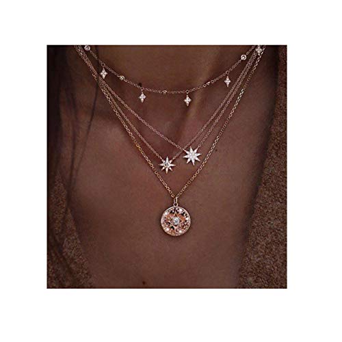 Kercisbeauty Moon and Star 4 Layered Necklace Gold Pendant for Wome and Girls Charm Jewelry Set Gift Her