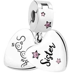 LovelyCharms Sterling Silver Sister Clip Lock Stopper Spacer Heart Dangle Bead for Bracelet