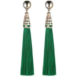 Gorgeous Boho Drop Dangle Silk Fabric Vintage Statement Bohemian Brand Thread Long Fringe Tassel Earrings For Women Fashion Jewelry (Green)