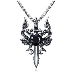Dragon Sword Necklace for Men or Women Stainless Steel Black Cubic Zirconia Punk Gothic Vintage Look Mythical Pendant with Chain Fantasy Fashion Jewelry by Ginger Lyne